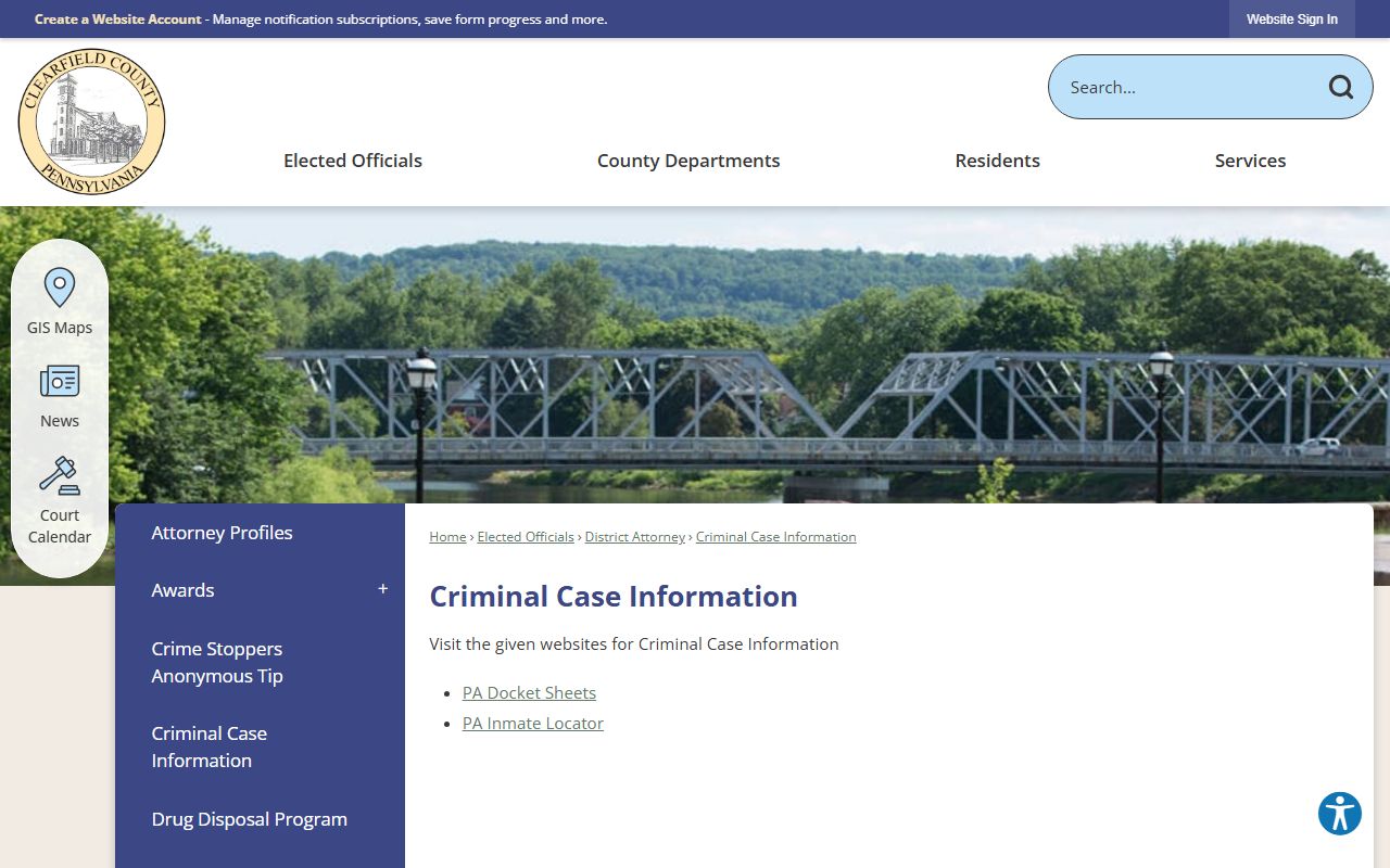 Clearfield County District Attorney criminal case information page linking PA Docket Sheets and PA Inmate Locator