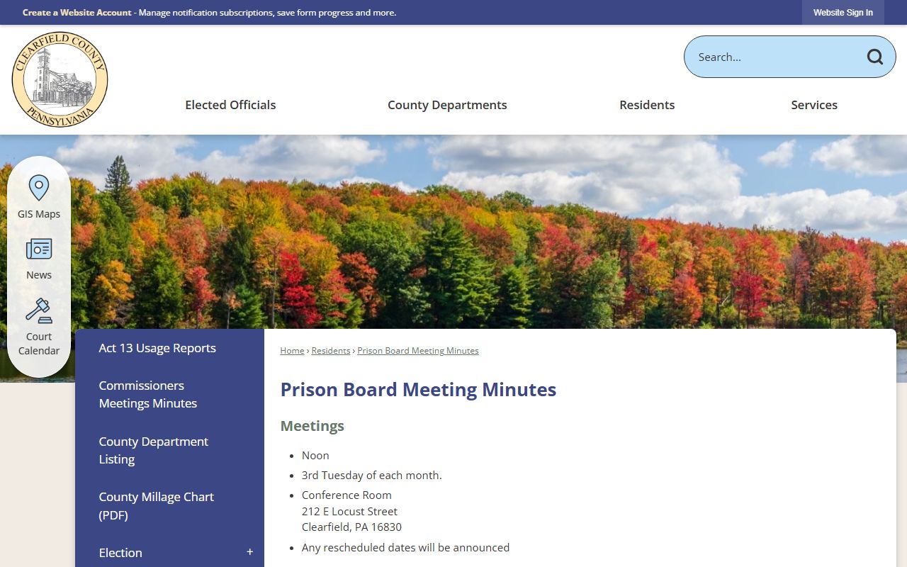 Clearfield County Prison Board minutes page with meeting and minutes access
