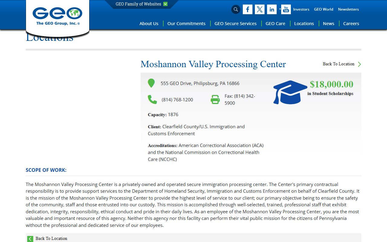 Moshannon Valley Processing Center ICE detainee lookup facility page