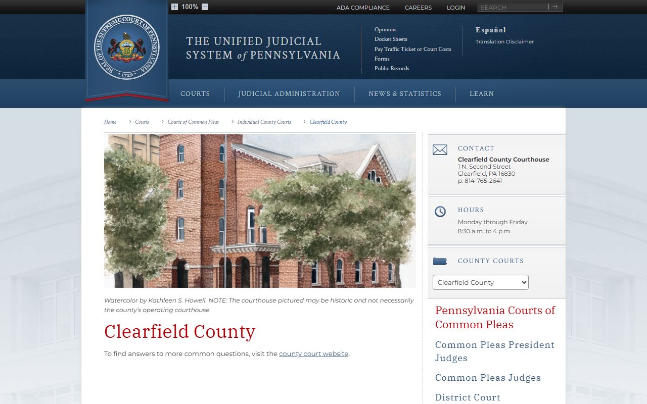 UJS Clearfield County Court of Common Pleas page with docket sheets and public records links