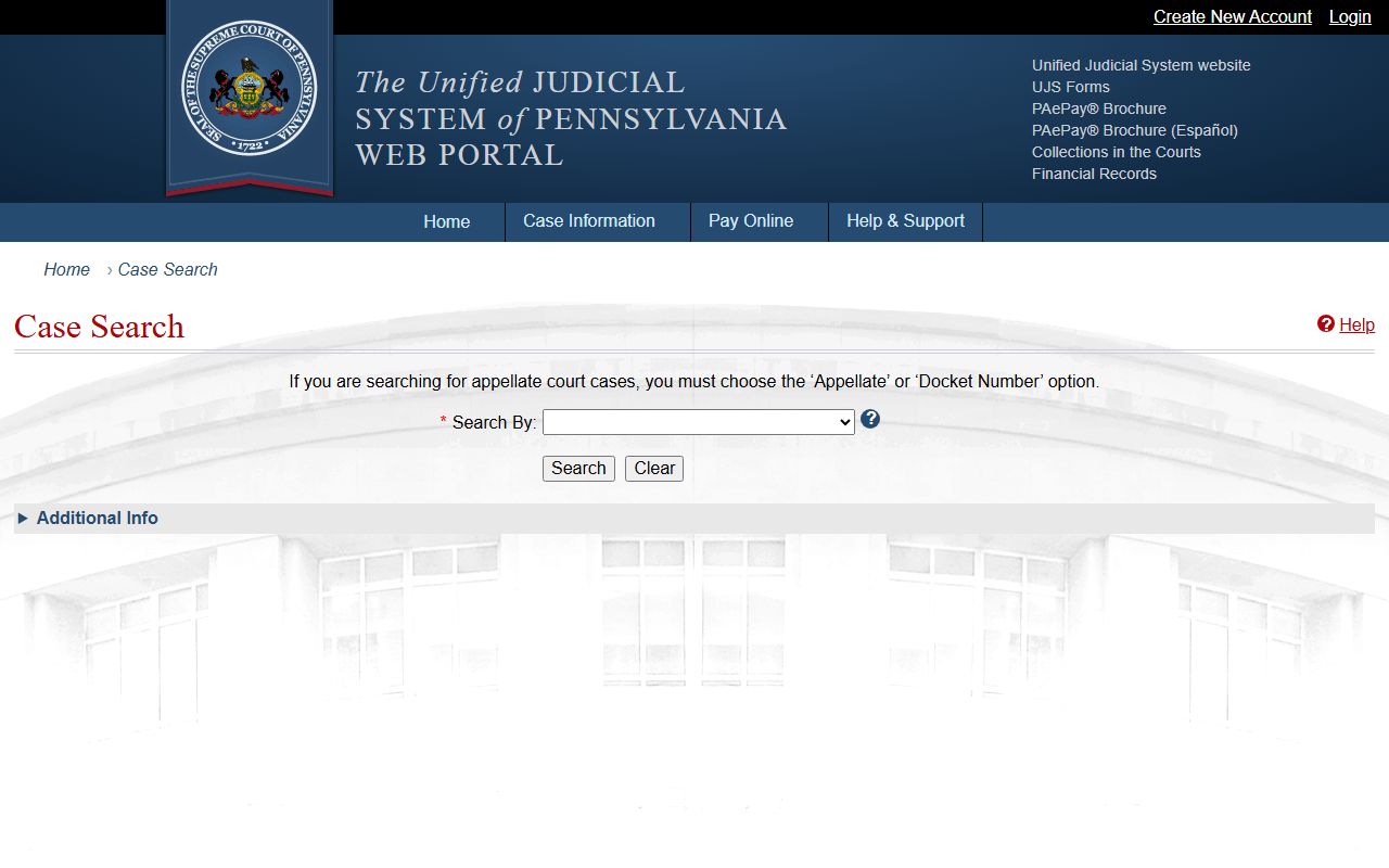 Clearfield County inmate records UJS case search page
